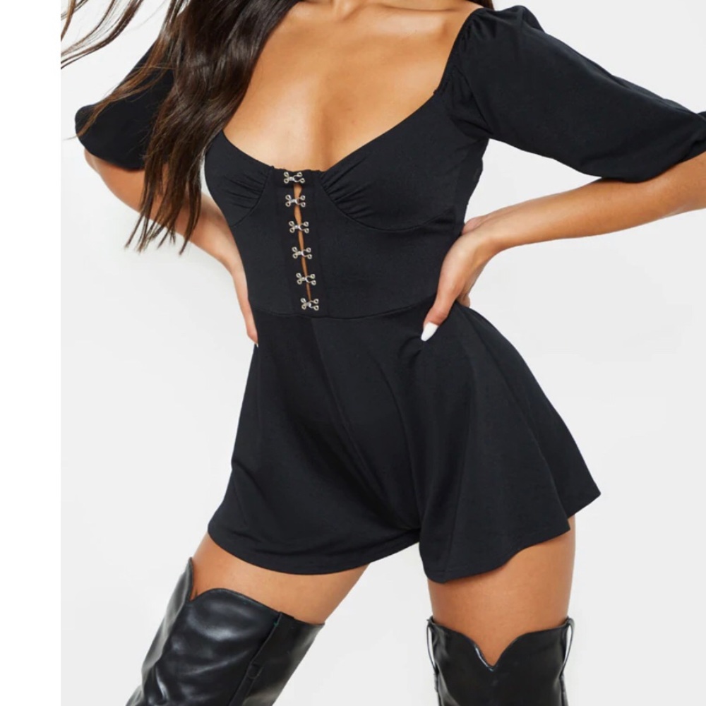 Black Crepe Hook and Eye Detail Romper